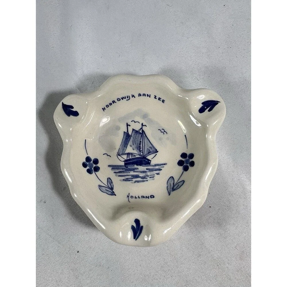 Vintage Royal Delft Ashtray Noordwijk aan Zee Holland Blue White Sailboat 5
